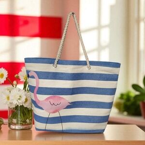 Striped Blue and White Tote Bag with Flamingo Design